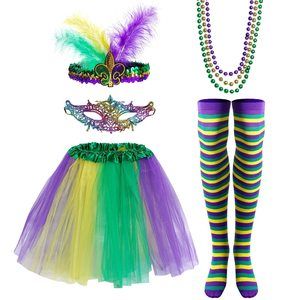 7 Pieces Mardi Gras Costume Accessory Set Tutu Skirt, Faux Feather Half💝